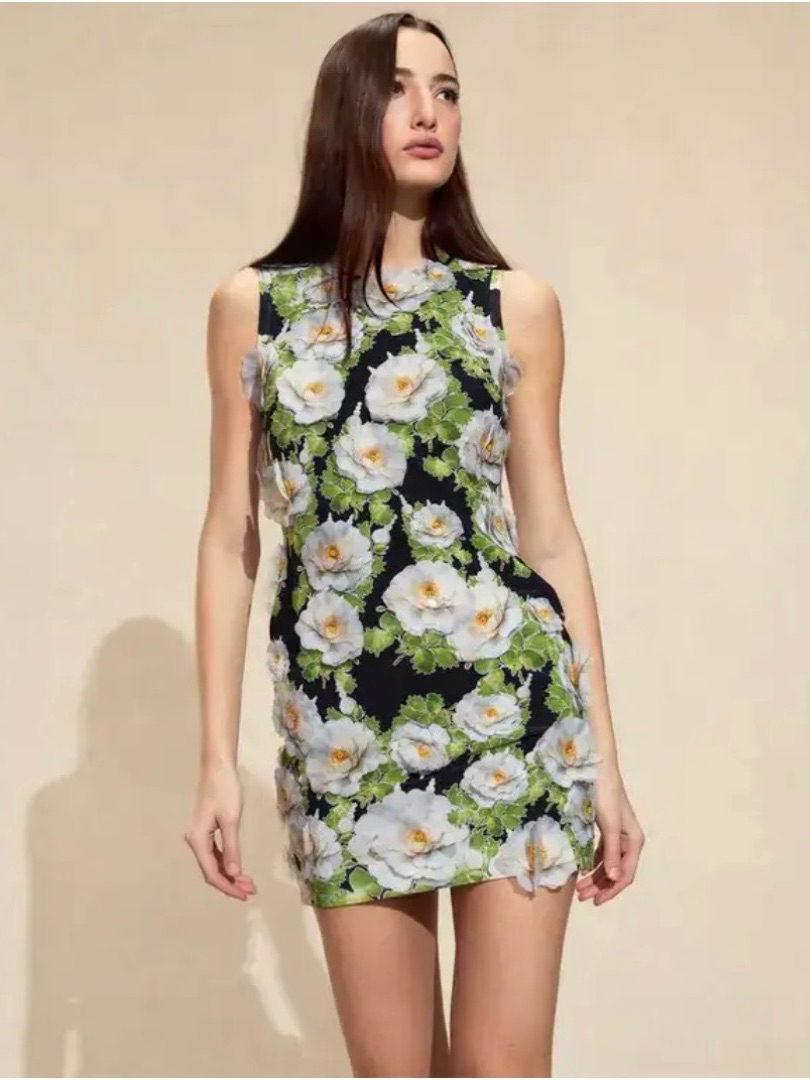 Nwt Cynthia Rowley Black Mini Dress With White & Green Floral Print